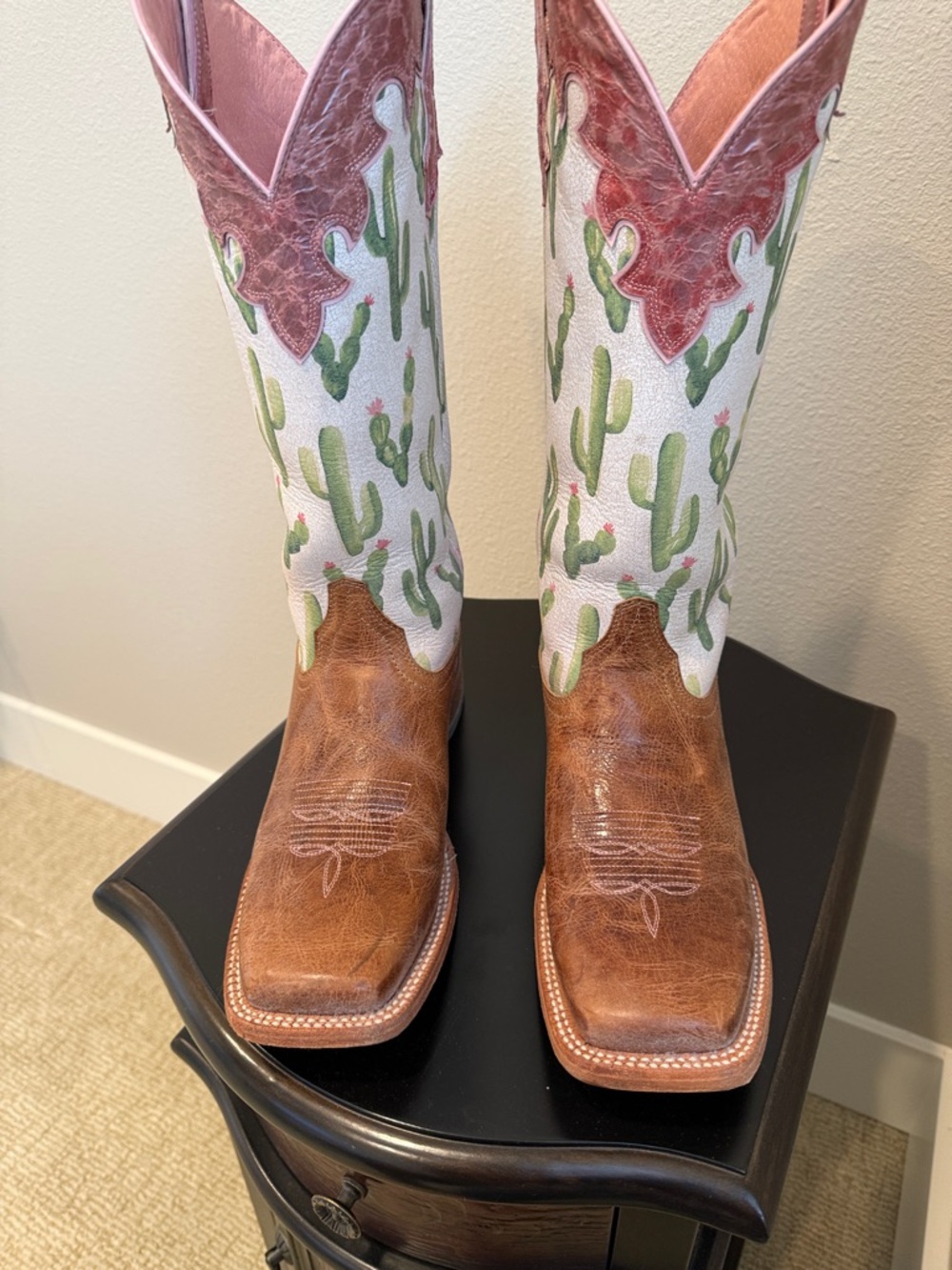 Ariat Brown Leather Western Boots with White Cactus Print and Pink Top